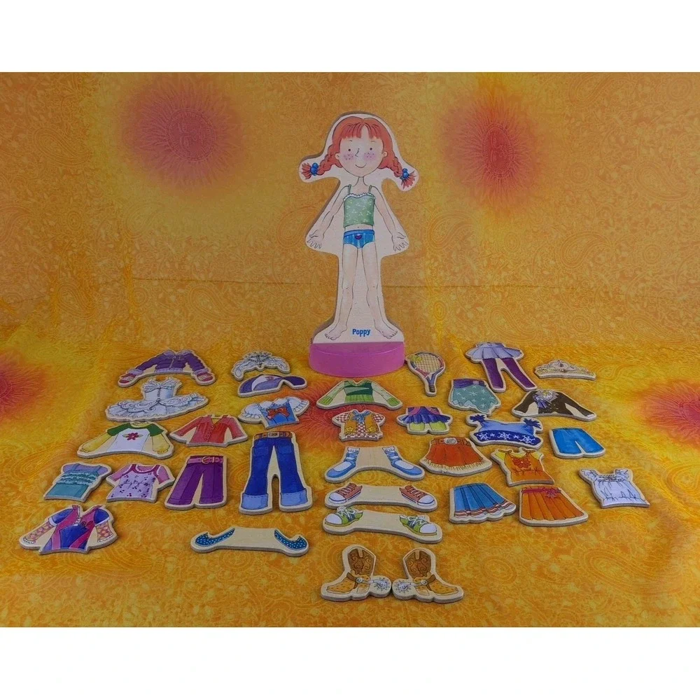 Poppy Magnetic Wooden Doll‎ With Base And 32 Pieces For Dress Up